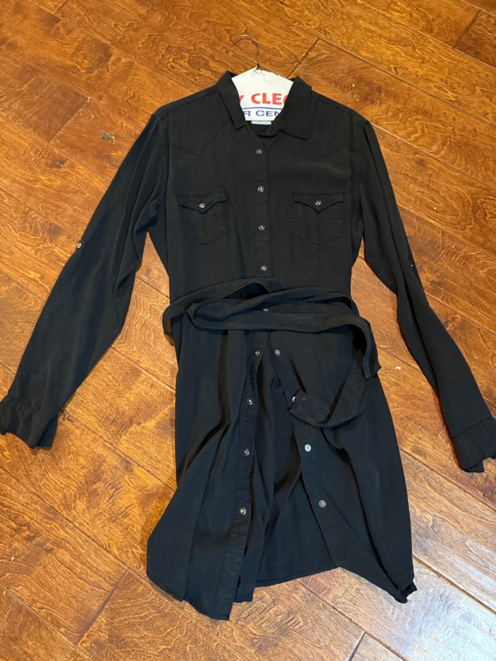 Black Button-Front Shirt Dress with Waist Tie